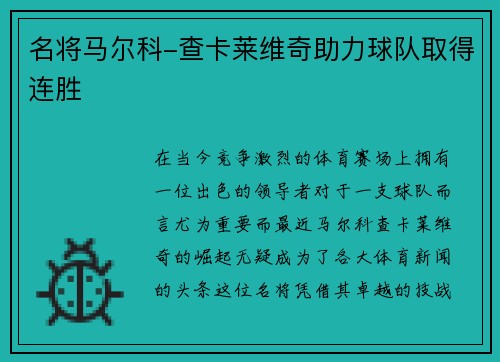 名将马尔科-查卡莱维奇助力球队取得连胜